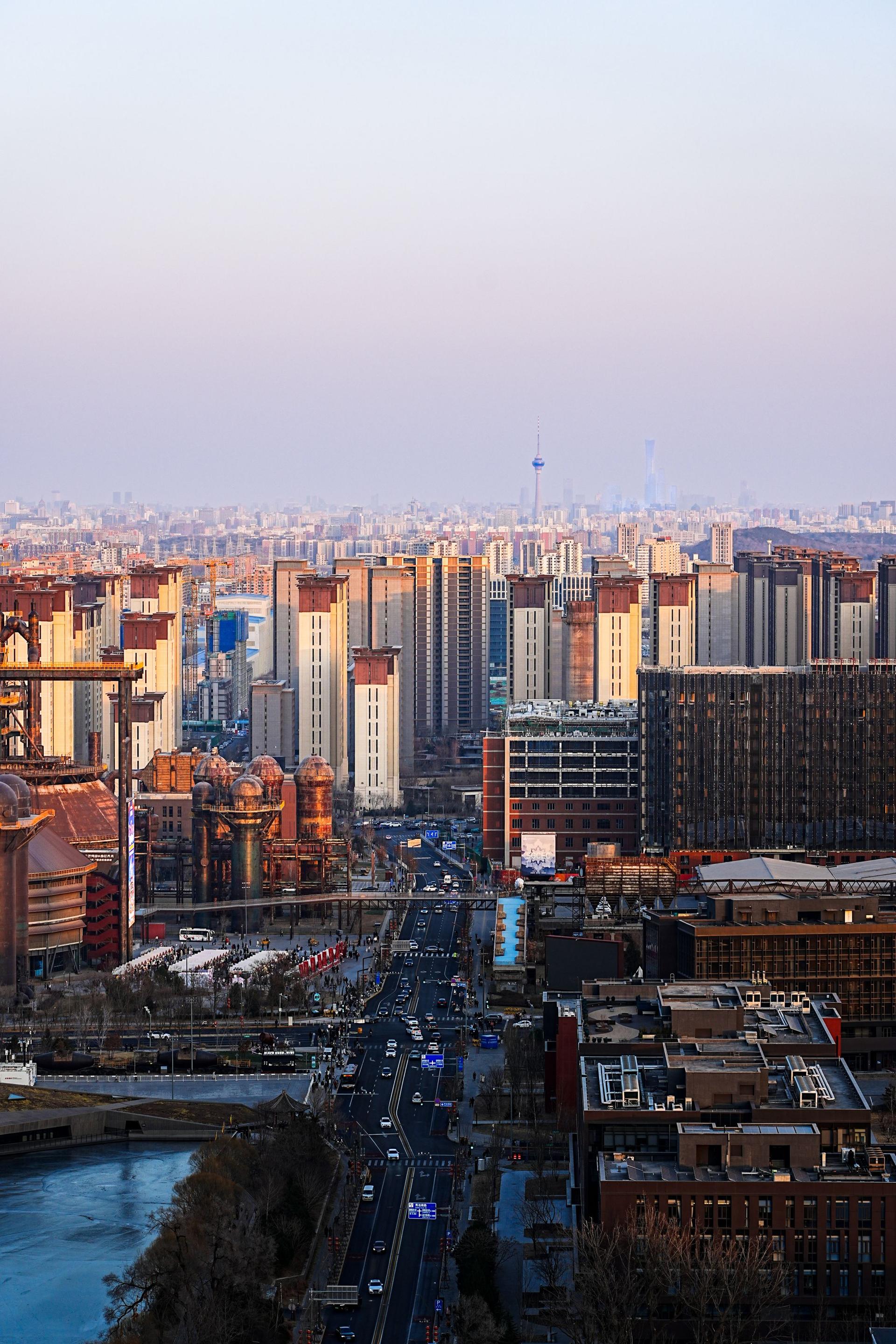 A city skyline at dusk