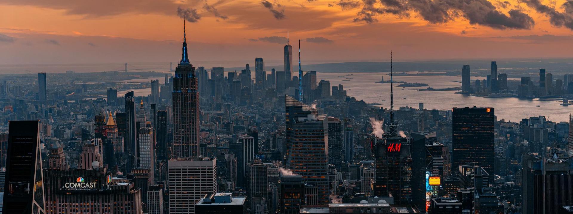 Manhattan skyline at dusk seen from above