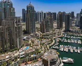 Aerial view of a marina lined with residential towers