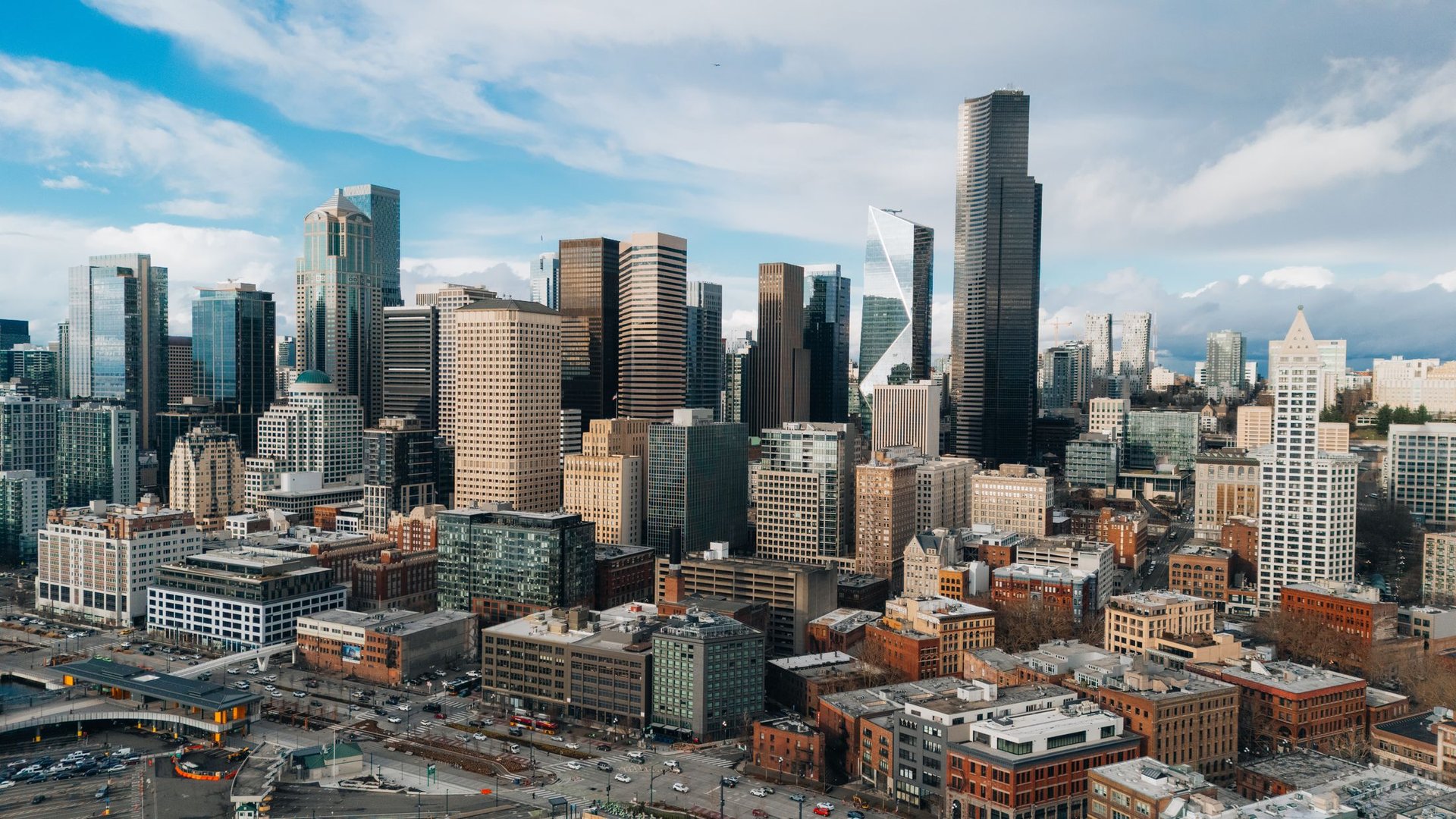 Aerial view of a downtown skyline of high-rises